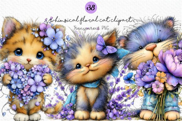 Download Whimsical Floral Cat Clipart Bundle - Floral cat clipart Collection