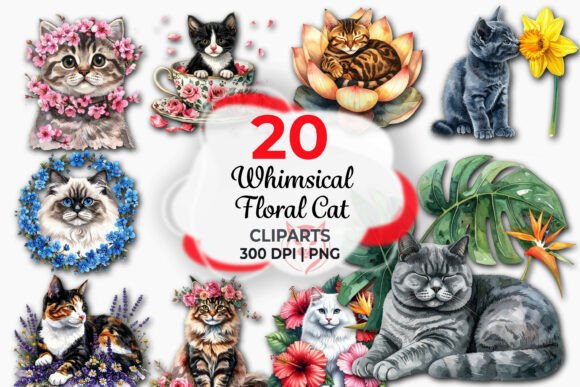 Download Whimsical Floral Cat Clipart Bundle - Floral cat clipart Collection
